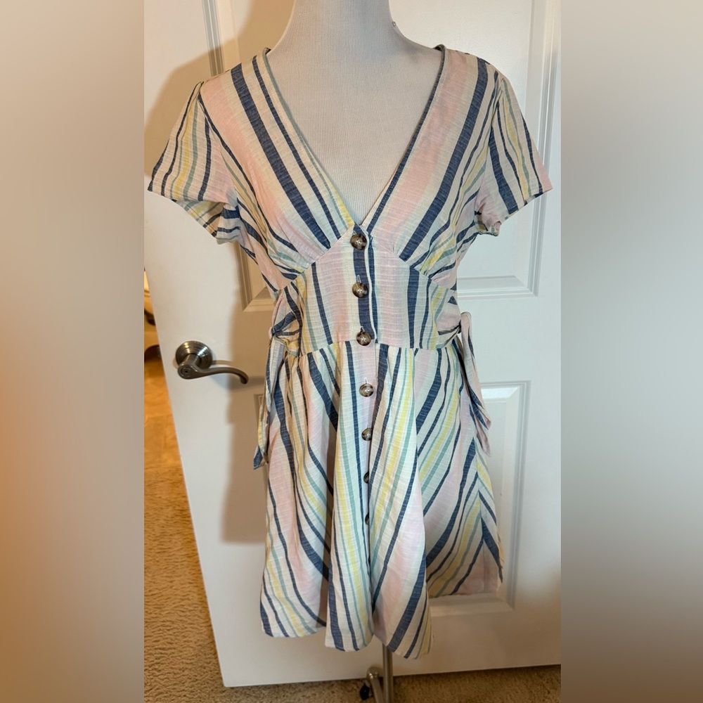 As U Wish Pastel Stripe Button Front Mini Tie Waist